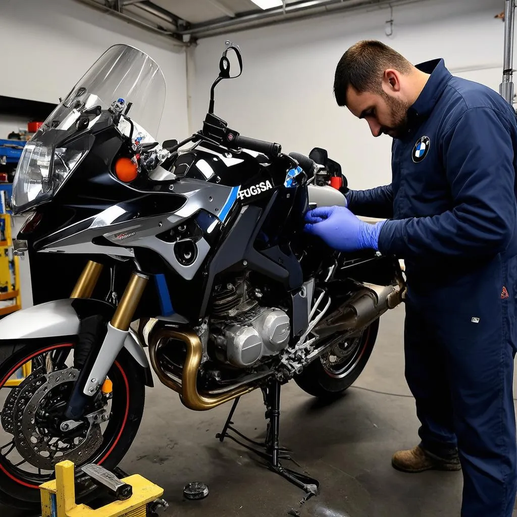 Mechanic working on a BMW F800GSA Motorcycle